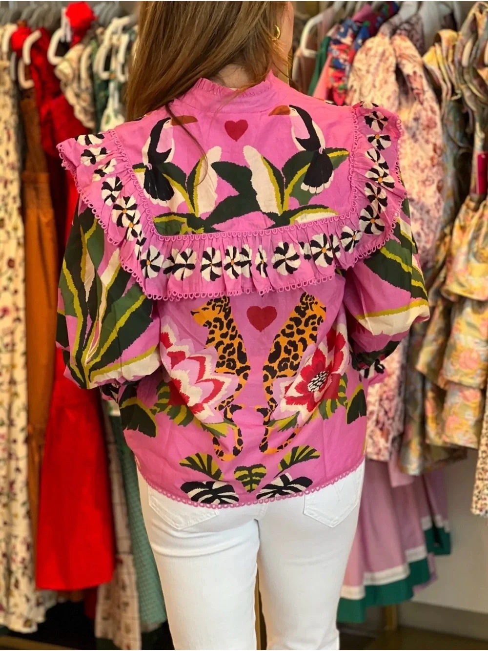 FARM Rio Pink Floral & Leopard-Print Ruffle Blouse Size Large NWT - Picture 5 of 5
